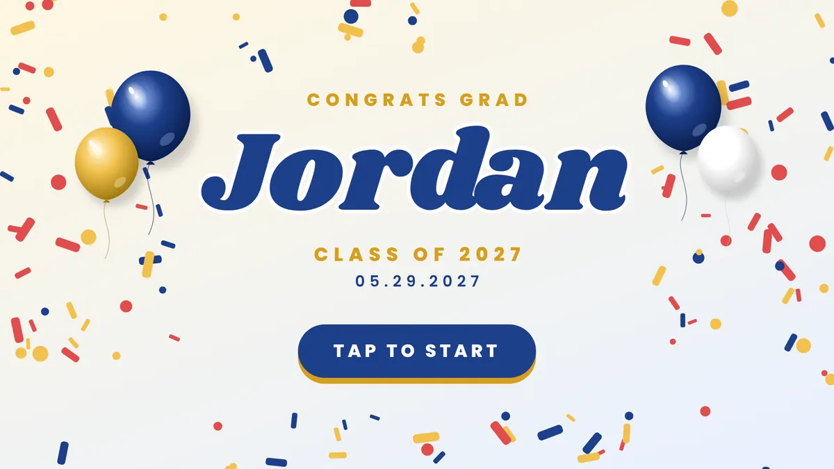 Confetti Grad Pop photo booth start screen
