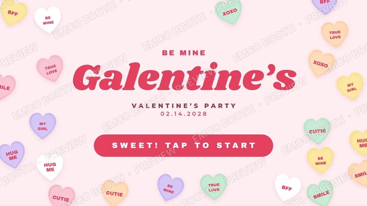 Conversation Hearts photo booth start screen