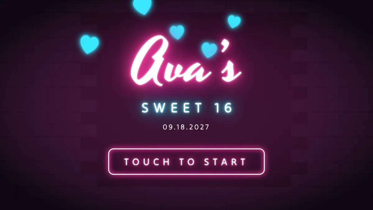 Neon Sweet 16 photo booth start screen